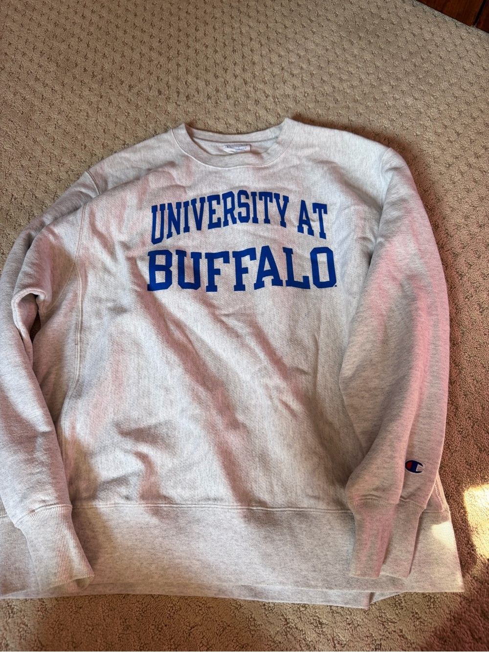 Champion Gray Crewneck Sweatshirt with Blue 'University at Buffalo' Print
